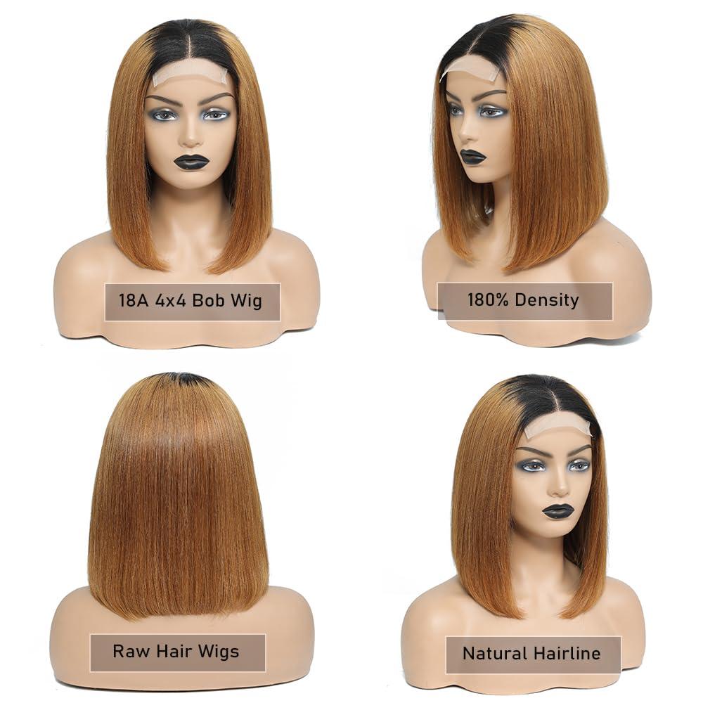 MUPRETTY MUPRETTY Brown Bob Wigs Human Hair 4x4 Lace Closure Wig 1B/30 Brown Wig Human Hair Keep Silky And Smooth After Multiple Washes 100% indian 18A Raw Hair Wigs(14Inch)