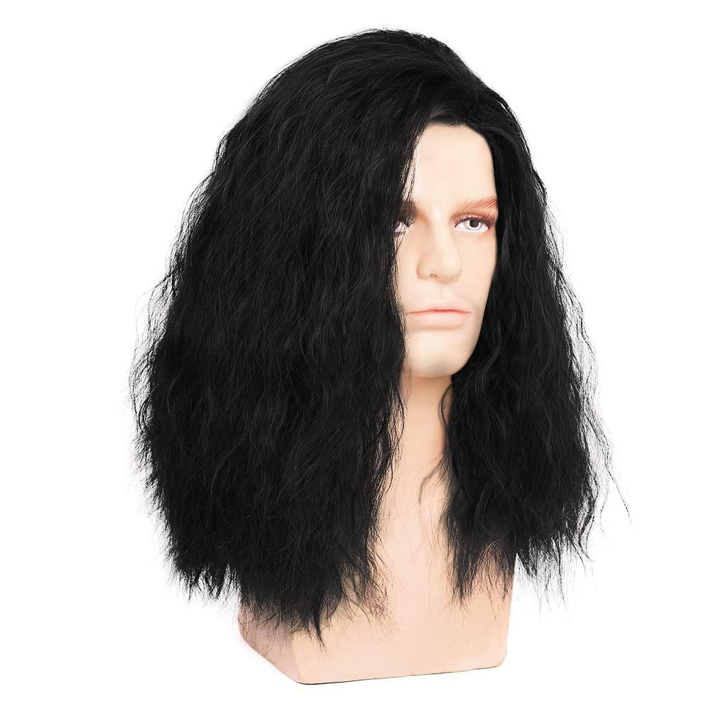 Kaneles Kaneles Mens Long Curly Black Wig Side Part Fuffy 80s Rocker Wig Synthetic Hair Halloween Cosplay Anime Costume Wig for Male Guy