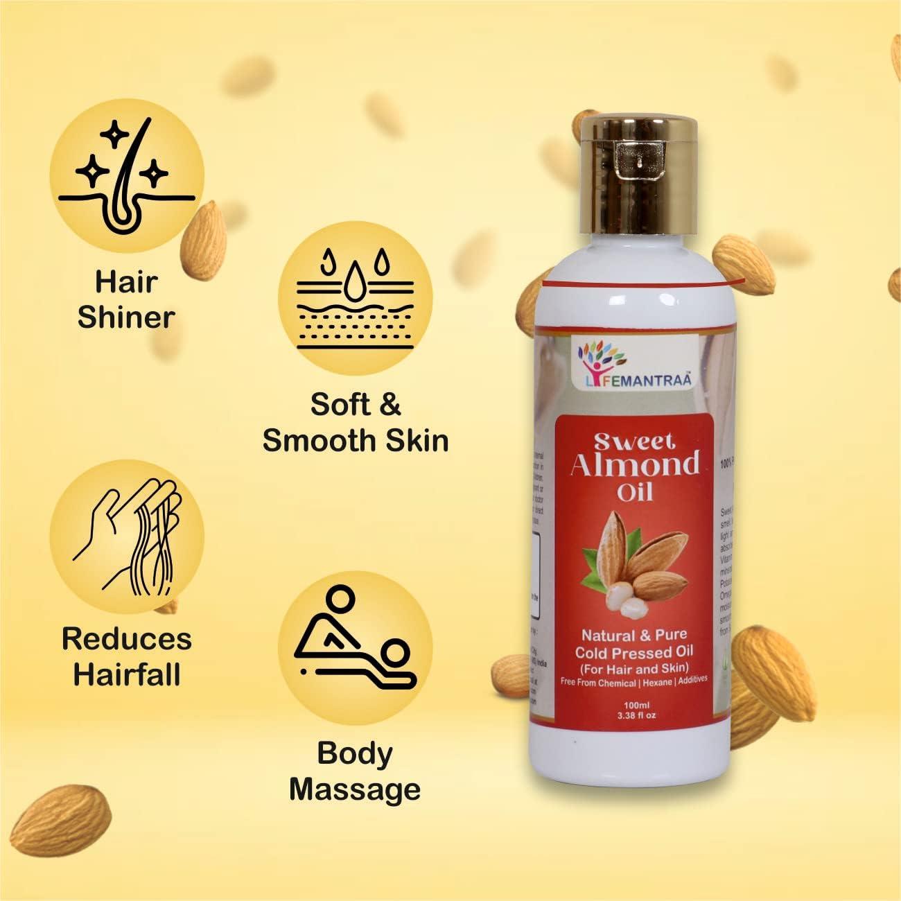 India Natural Sweet Almond Oil - Pure Cold Pressed Badam Tel for Skin, Hair, Face and Body - 100ml
