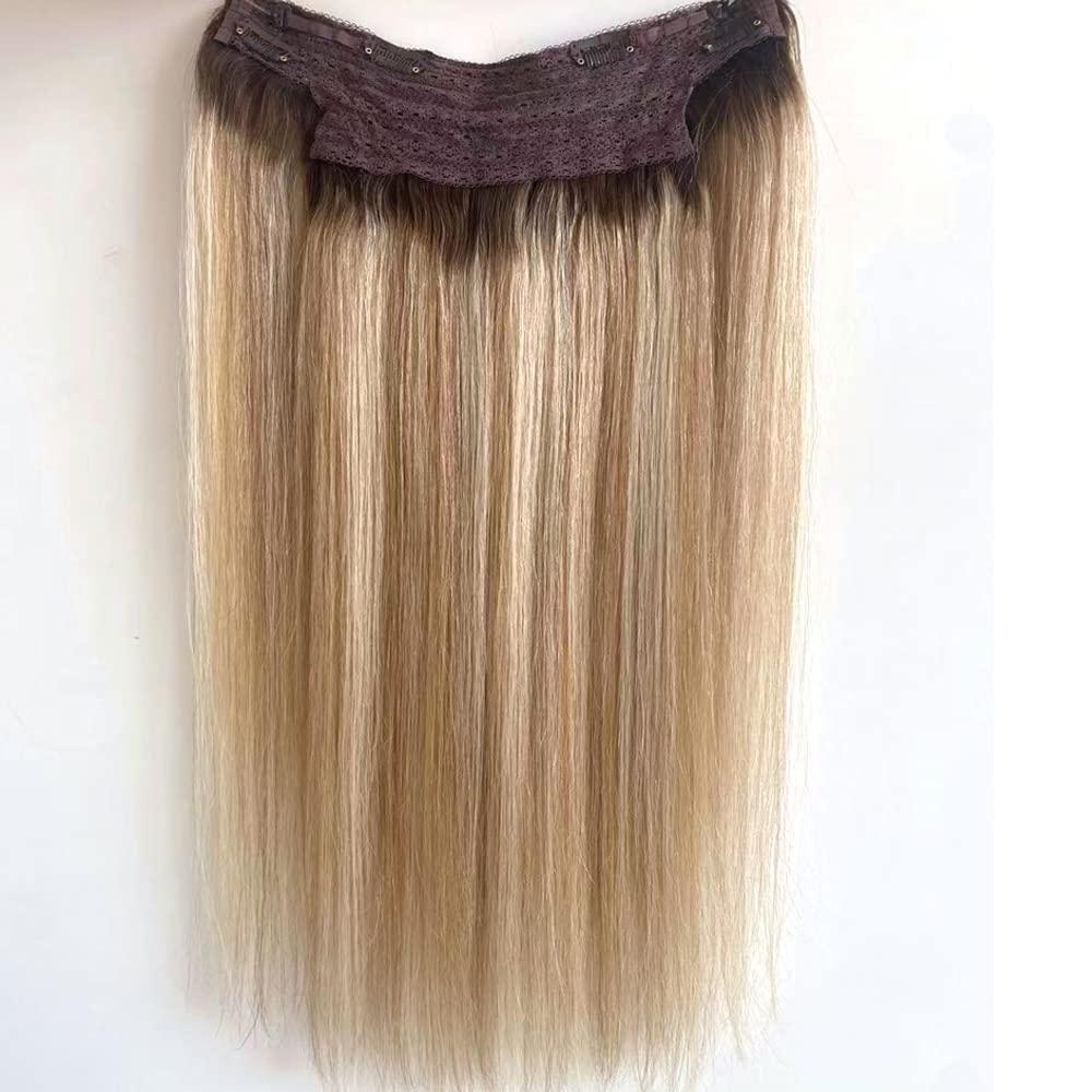 SUNFA Halos Hair Extensions, Fish Line Hair Extensions, Wire Extensions Human Hair,14Inch 70g Ombre Balayage Ash Brown to Dirty Blonde and and Platinum Blonde Highlights Straight Hairpiece Flip in Hair Extensions Clip in Extensions with Invisible Fish Line