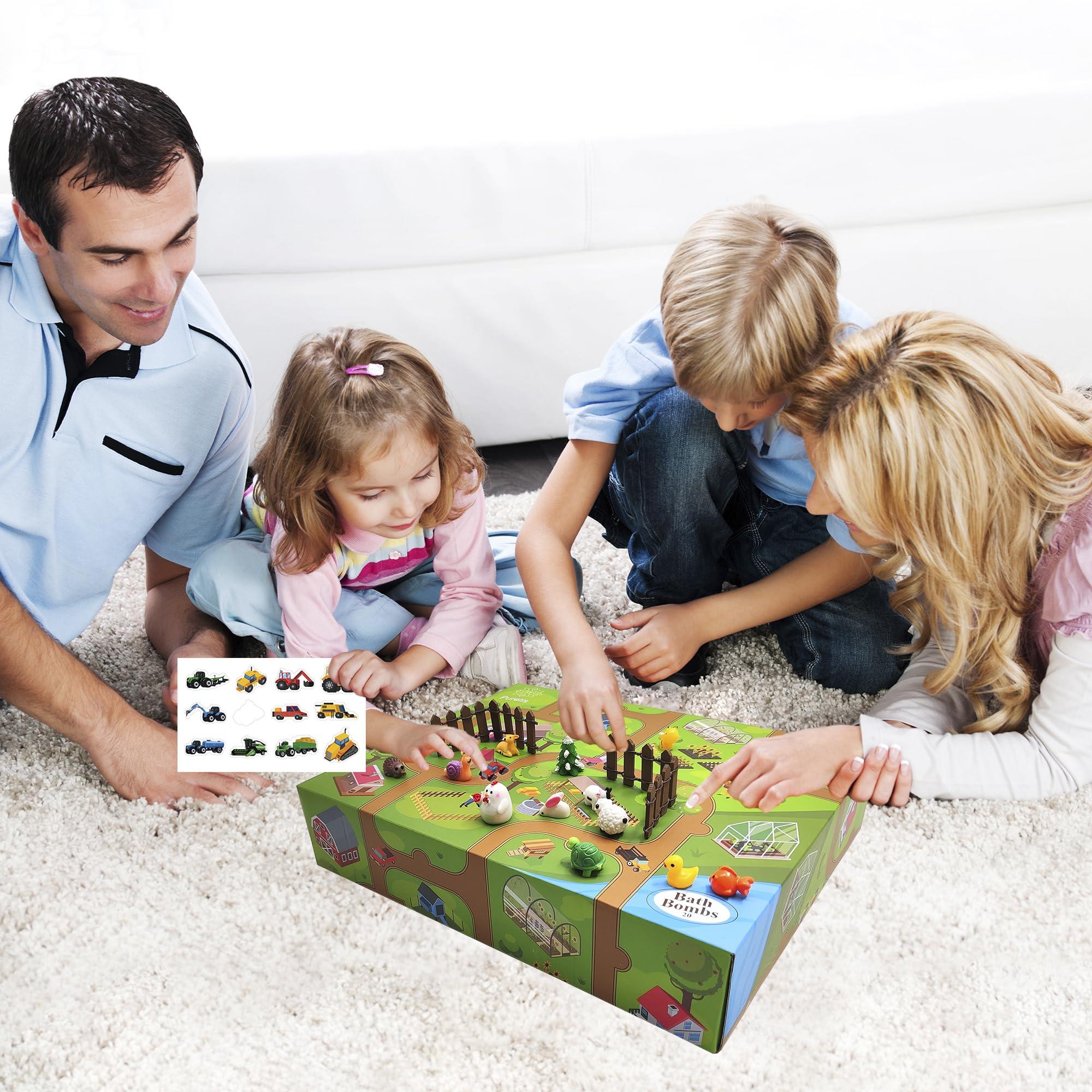 Joanne Arden Organics Kids Bath Bombs Gift Set. 20 Natural Bath Bombs with Toys Inside & Farm Playmat. Animal Bath Bombs for Boys and Girls with Prize Inside