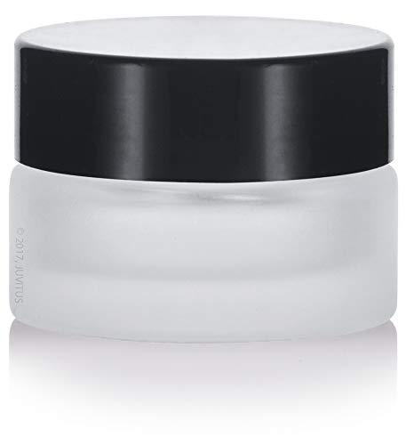 JUVITUS Frosted Clear Glass 5 ml 1/6 oz Small Thick Wall Balm Salve Pot Container Jars with Black Smooth Foam Lined Lids (24 Pack)