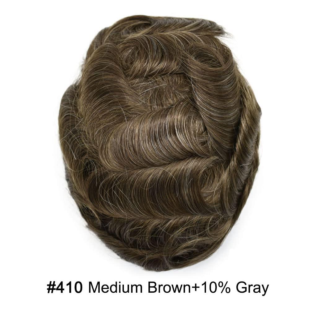 Hair Wonders Full Swiss Lace Mens Hair System Human Hair Mens Toupee Hair Pieces For Men Hair Toupee For Men Hair Replacement System For Men8x10 light to Medium density#410 MEDIUM BROWN+10% GREY