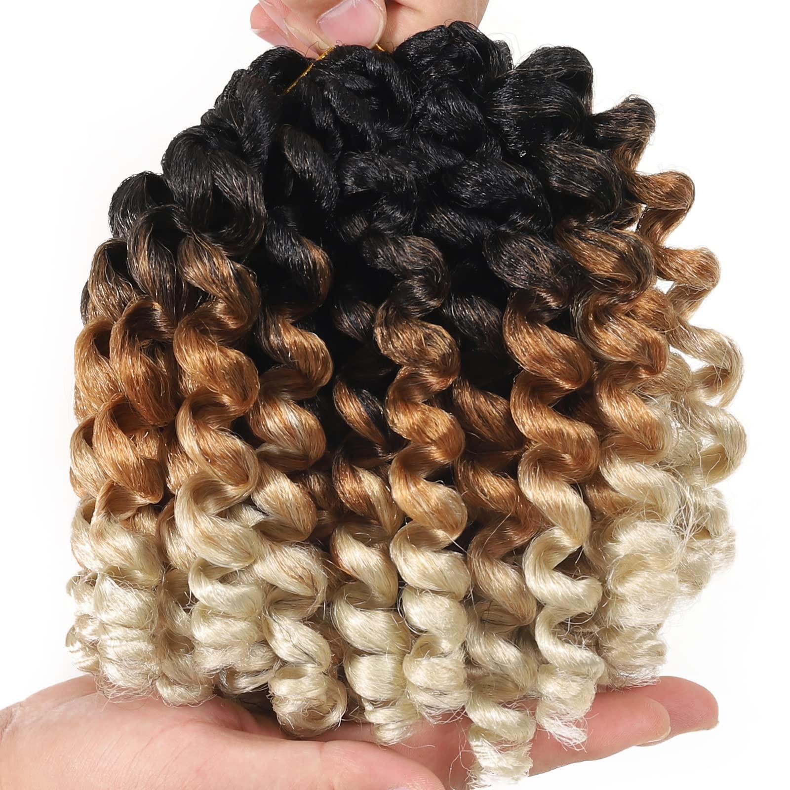 Svolna Jamaican Bounce Crochet Hair Extensions 8 inch Ringlet Wand Curl Crochet Hair 3 Tone Blonde Ombre Curly Crochet Braids Grey Crochet Braiding Hair 60 Roots