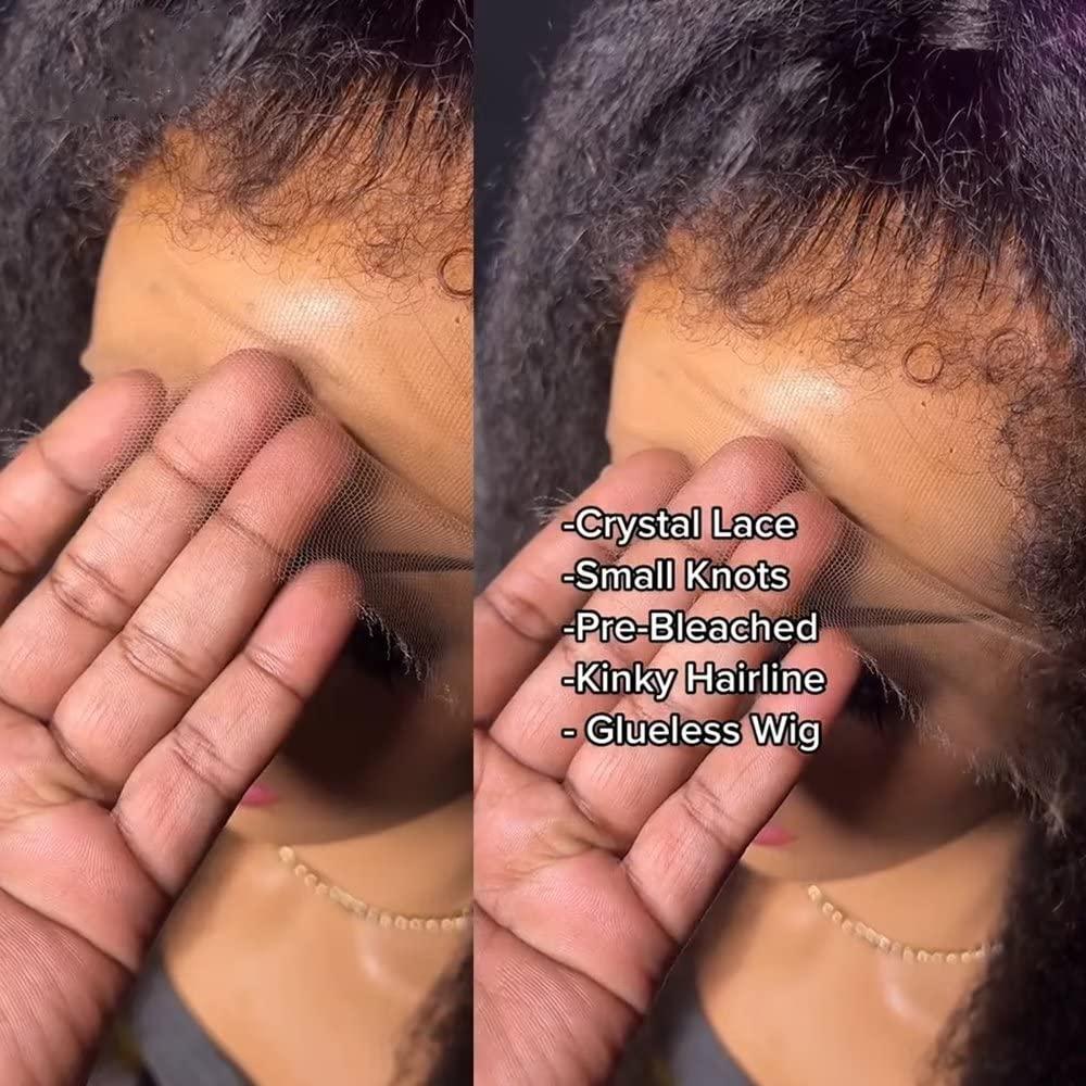 QUINLUX WIGS Curly Baby Hair Kinky Straight Wig 360 HD Invisible Lace Frontal Human Hair Wig Pre Plucked Bleached Knots Kinky Edges Yaki Transparent HD 360 Lace Front Wig Brazilian Full End Glueless Wig 26 inch