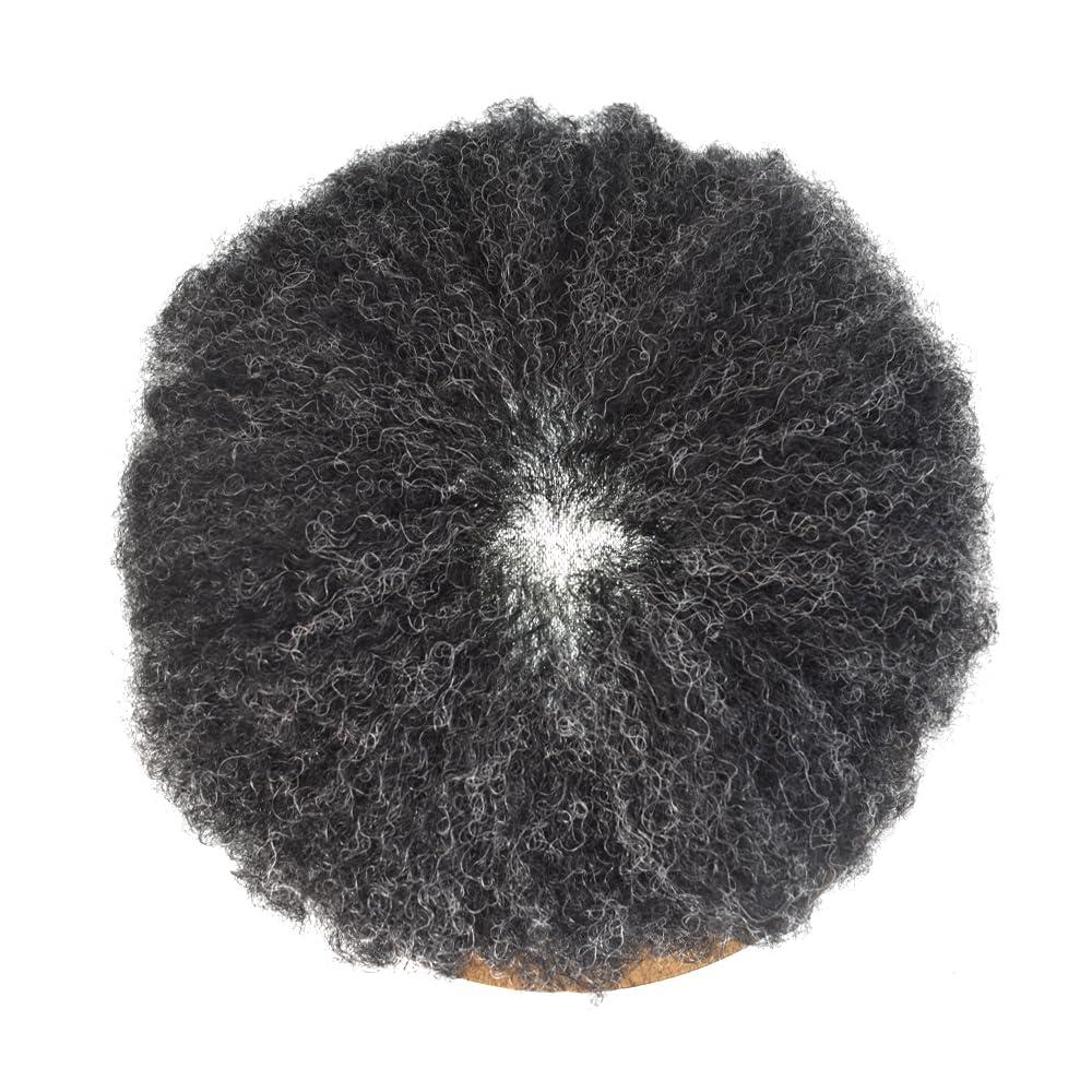 Generic Afro Toupee for Black Men Weave Units Full Poly PU African Americna Men Wigs Hand Tied Human Hair Replacement System Afro Kinky Curls Mens Toupee (6MM Wavy, 140# Jet Black With 40% Synthetic Gray)