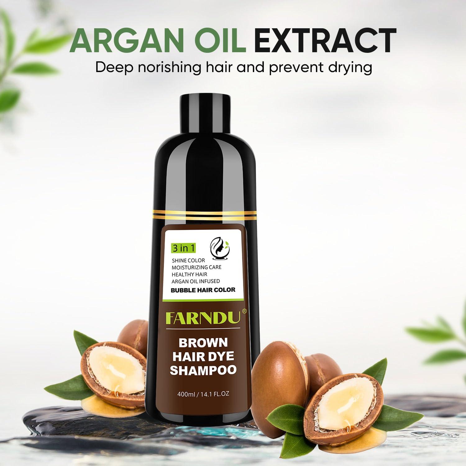 Farndu Brown Hair Dye Shampoo for Women Men, 100% Gray Hair Coverage, Natural Herbal Ingredients