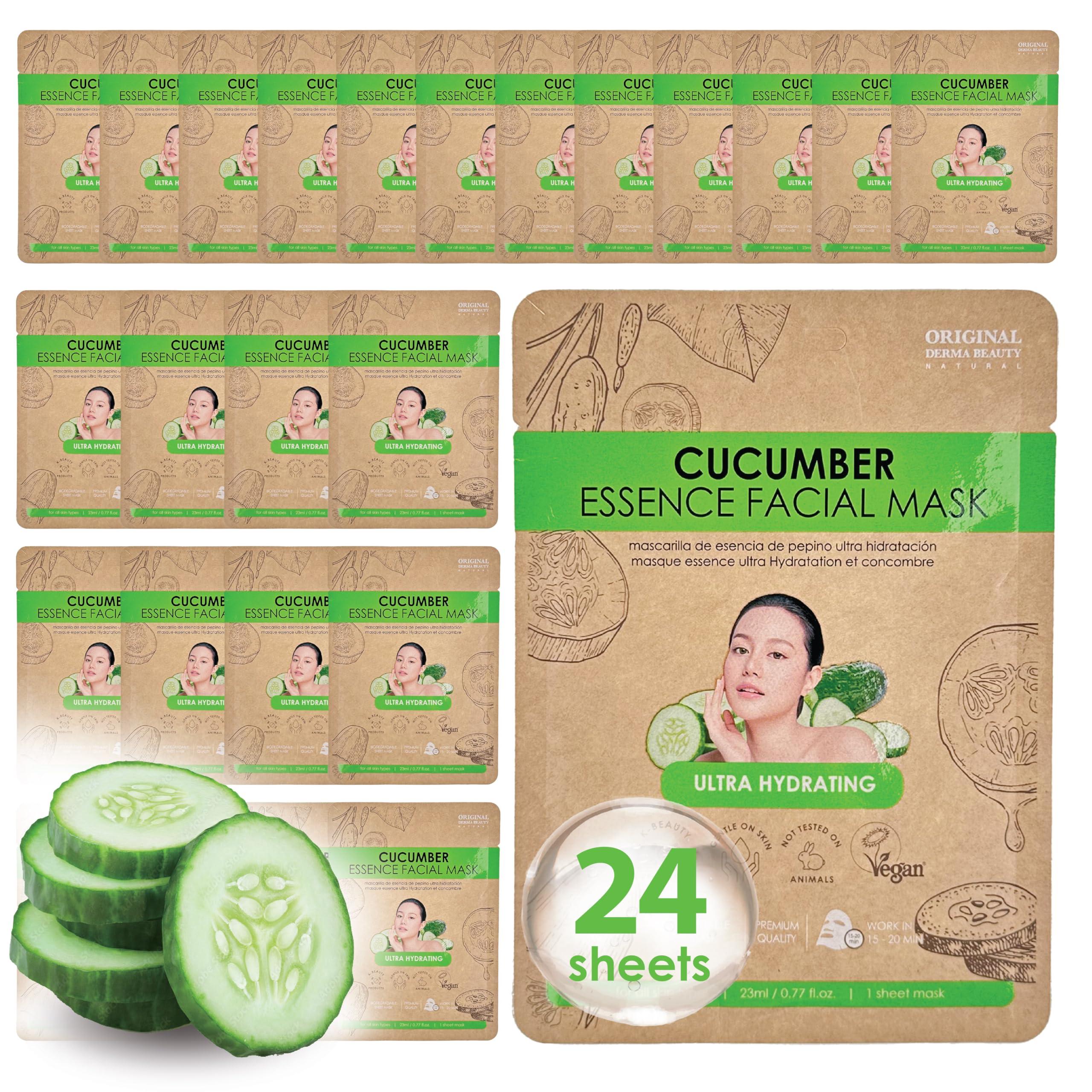 ORIGINAL DERMA BEAUTY ORIGINAL DERMA BEAUTY 24PK Cucumber Essence Face Masks for Skincare - Facial Sheet Mask Korean Skin Care