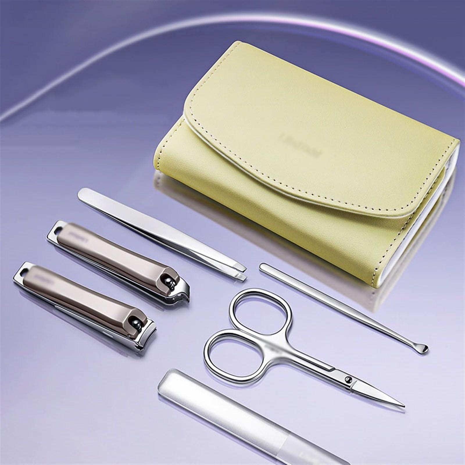 MWxpoSediR Travel Manicure Set,Nail Clippers Set Nail Clipper Set for Women, 6 Pieces Stainless Steel Manicure Kit with Splash Proof Nail Clipper, Portable Travel Nail Care Tools(Yellow)