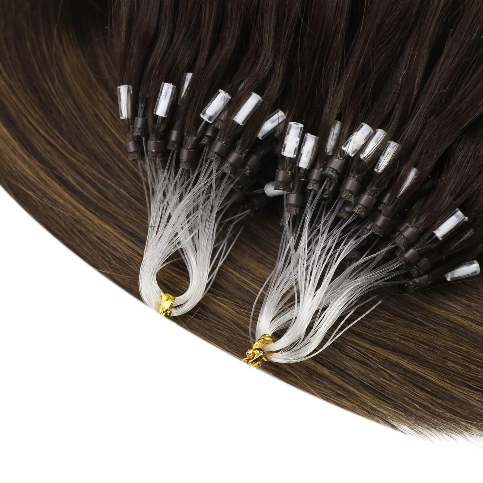 Sunny Hair Sunny Micro Hair Extensions Human Hair Ombre Brown Cold Fusion Micro Loop Hair Extensions Human Hair Dark Brown Balayage Medium Brown Pre Bonded Micro Ring Hair Extensions Straight Hair 50G 20Inch