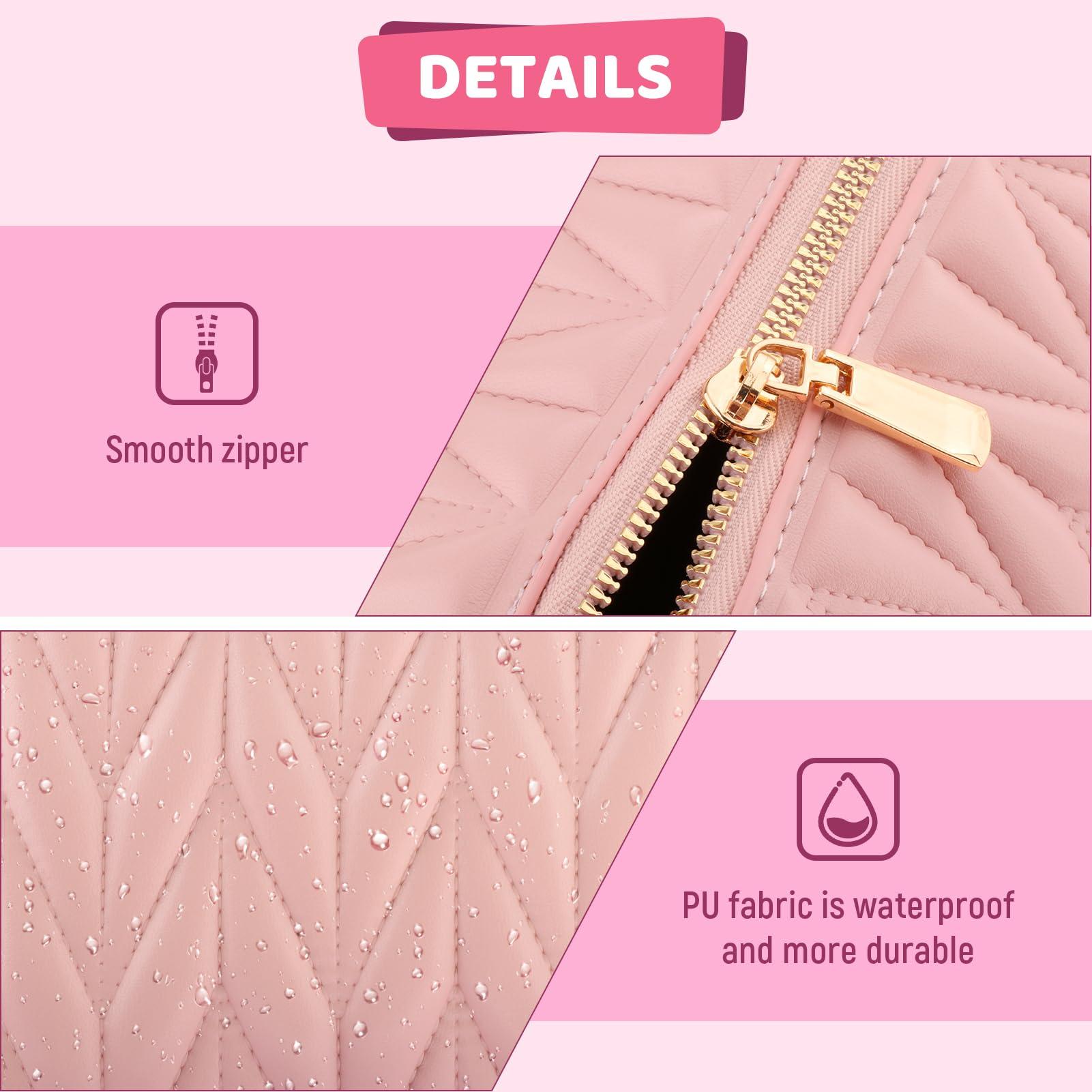 QLoztyse QLoztyse Lay Flat Makeup Bag - Portable Large Capacity Travel Cosmetic Bags Waterproof PU Leather Toiletry Organizer with Handle and Divider for Women, Pink