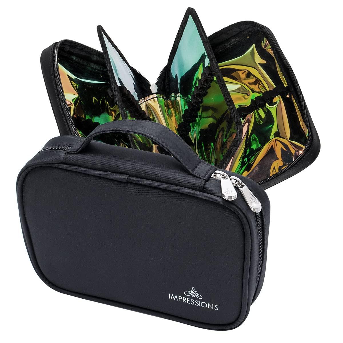 IMPRESSIONS VANITY  COMPANY Impressions Vanity IBIZA Slim Brush Holder Case with 4 Sections, Zippered Cosmetics Bag Organizer for Traveling, Makeup Travel Case for Brushes, Lipgloss, Eyeliner, Mascara (Black)