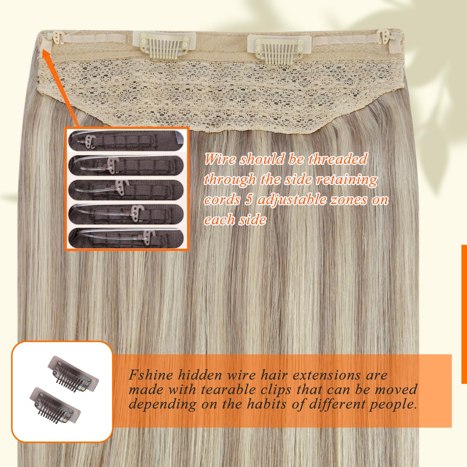 Fshine Fshine Invisible Wire Hair Extensions Real Human Hair Ash Blonde 18 Highlighted Bleach Blonde 613 One Piece Clip in Hair Extensions Soft Remy Human Hair Hidden Wire Human Hair Extension 20Inch 80G