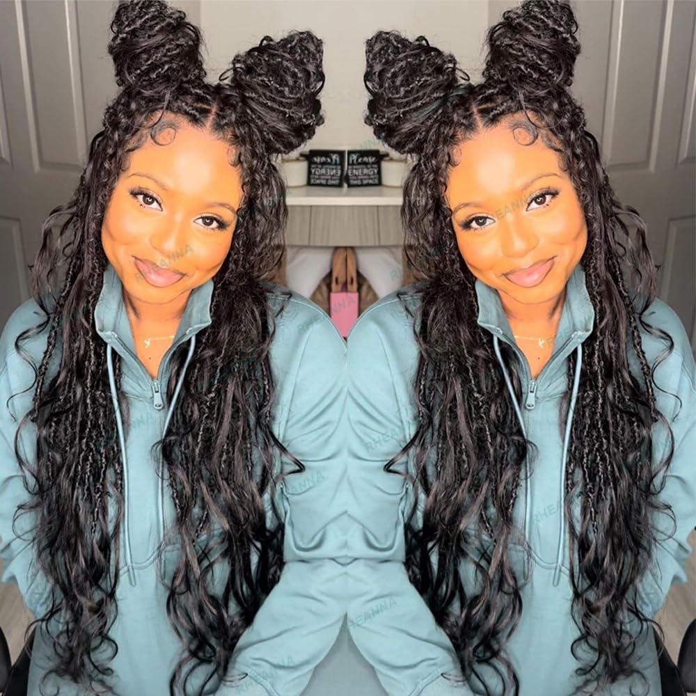 RHEANNA RHEANNA Pre-Looped Crochet Boho Goddess Locs With Human Hair Curls Curly Ends Body Wave Human Hair Locs Crochet Hair 22inch 72Strands