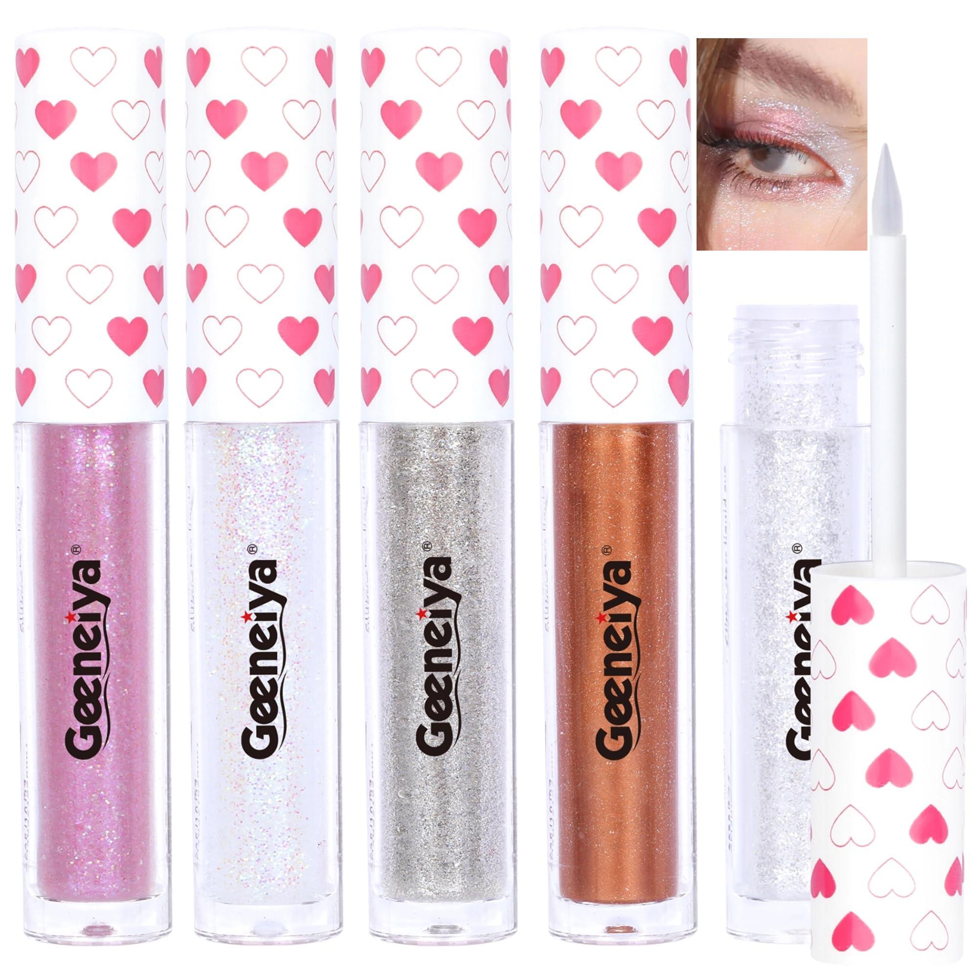 Geeneiya Geeneiya 5Pcs Liquid Glitter Eyeshadow Korean Makeup Eyeliner Bling Under Eye Shadow, Shimmer Eye Make Up Set, Long Lasting, Quick Drying and Pigmented Loose Glitter Glue for Crystals Makeup