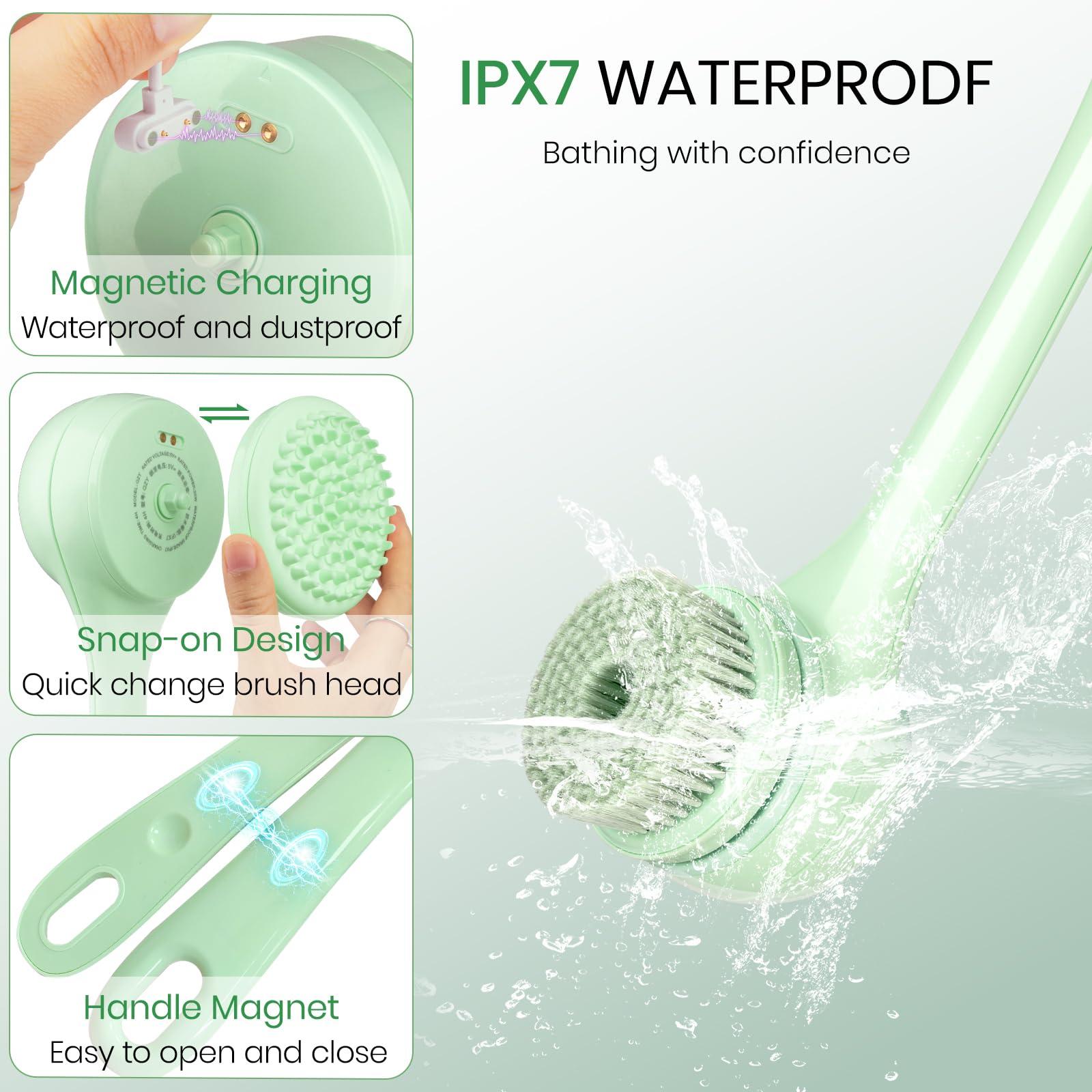 Keweis Electric Body Brush Back Scrubber for Shower, Auto Spinning Exfoliating Massage Bath Brush Rechargeable, Dual Long Handle, Deep Cleansing, Waterproof, Rotating Body Brushes with 5 Brush Heads