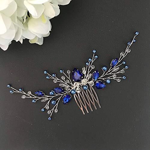 BERYUAN BERYUAN Women Royal Sapphire Crystal Blue Pearl Earring Hair Vine Set Silver Wedding Hair Accessory Hair Comb Piece Gift for Her Party Headpiece for Bride Bridesmaid Girls(Blue) (Blue)
