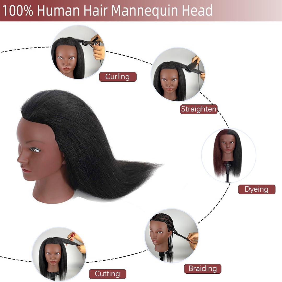 Opini Opini 16\" Mannequin Head Human Hair with 100% Real Hair Cosmetology Mannequin Doll Head for Hairdresser Practice Braiding Hairstyling with Free Table Clamp Stand (16 Inch)