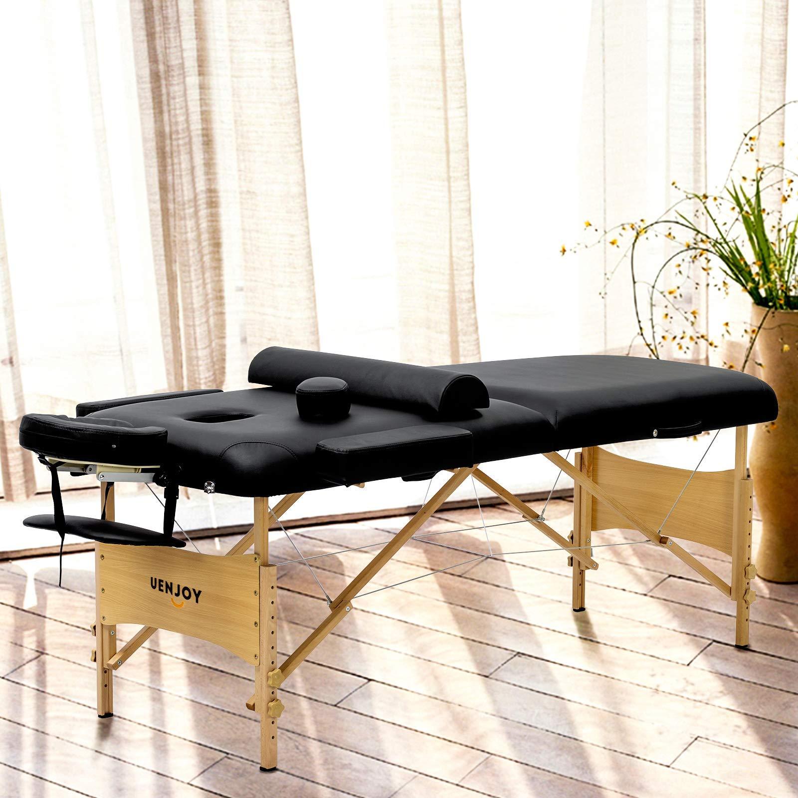 Infun Uenjoy Massage Table 84'' Professional Folding Massage Bed Deluxe Model with Extra Width, Ultra-thick Sponge, PU Leather Surface & Additional Accessories, 2 Fold, Black