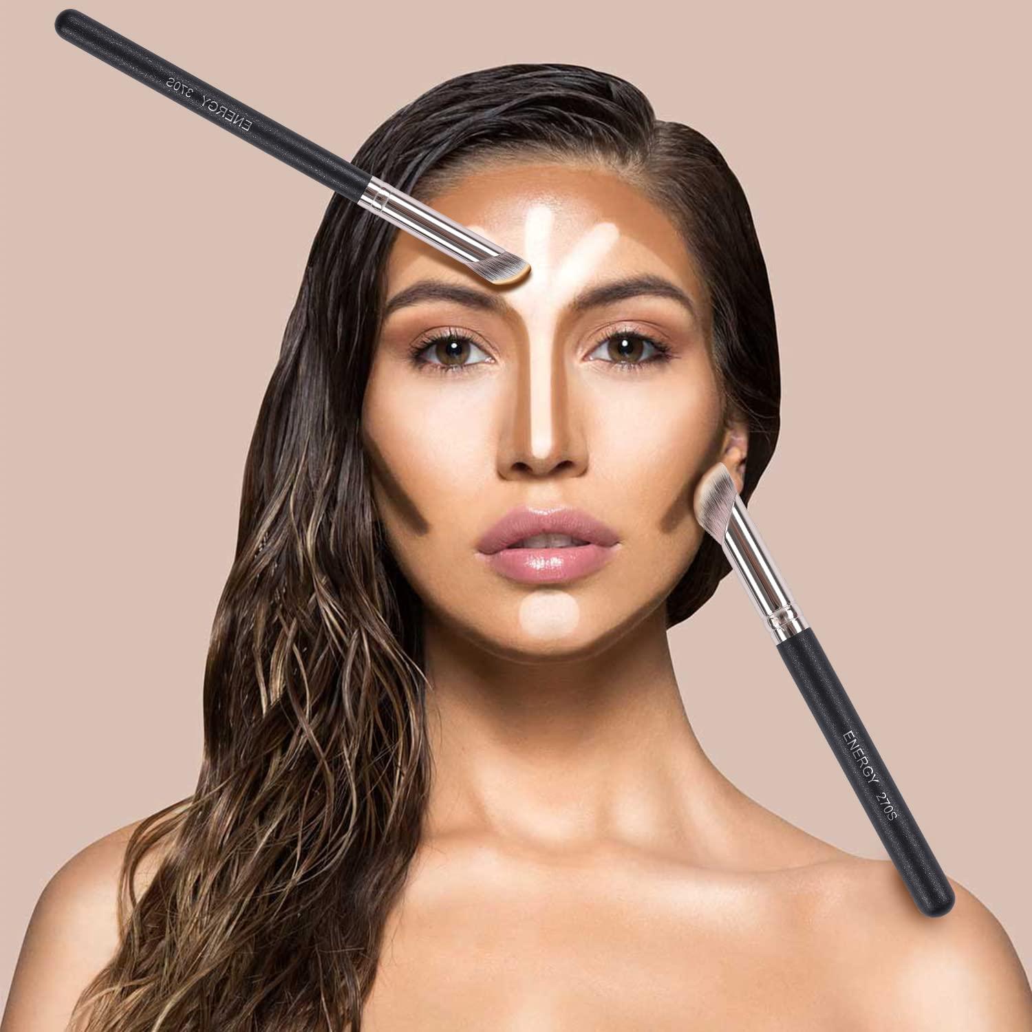 ENERGY ENERGY Foundation Brushes Set - Angled Brush & Mini Concealer Brush Premium Synthetic Eye Makeup Bushes for Blending Liquid Foundation Cream Powder Cosmetics 270S/370S