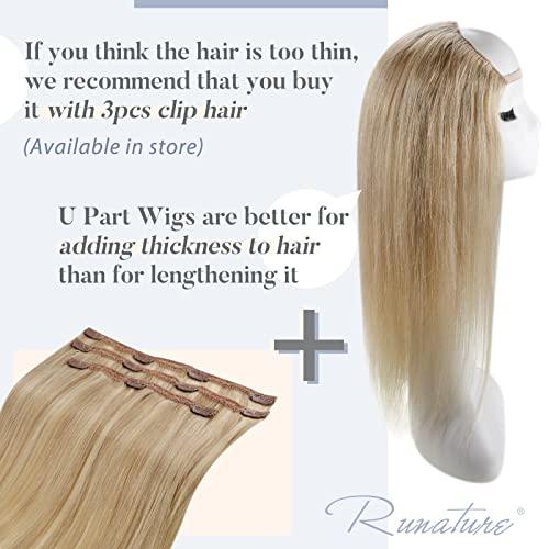 RUNATURE RUNATURE U Part Wig Human Hair Straight U Wigs Human Hair U Part Golden Blonde with Light Blonde Half Head Wig Natural Hair 14 Inch 120 Gram Short U Part Human Hair Wig Silky