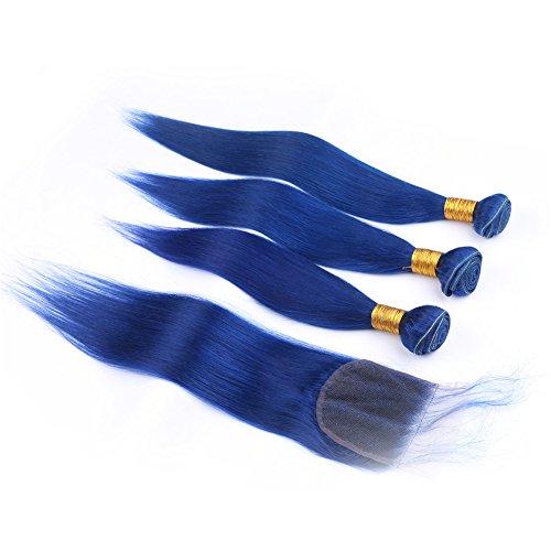 Generic Silky Straight Blue Color Human Hair Weaves With Lace Closure With Baby Hair Unprocessed Free Middle Closure Pieces With Blue 3Bundles Extensions (14 16 18+12 inch closure)