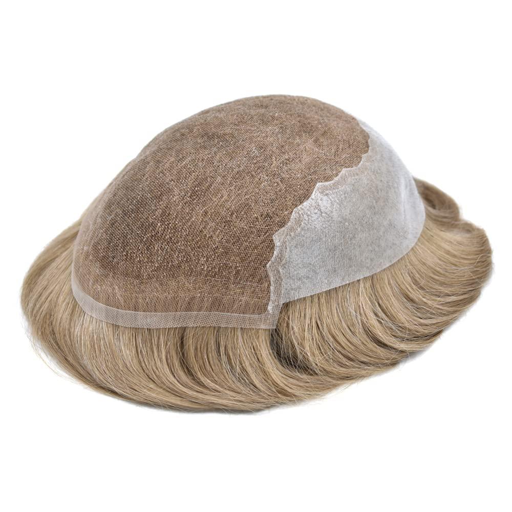 Generic Toupee For Men Swiss Lace Hair Replacement System Virgin Human HairPiece Mens Toupee Lace Front Hair Restoration For Men Poly PU Skin at Back Hair Unit 7\"x9\"#1810 Medium Blonde with 10% Gray-110% density