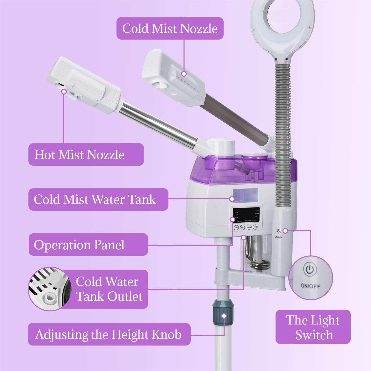 JOSTZHXIN 3 in 1 Facial Steamer,Professional Facial Steamer with 5X Magnifying LED Lamp, Esthetician Steamer with Hot & Cold Mist, Face Steamer On Wheels for Salon Spa Beauty Skin Care