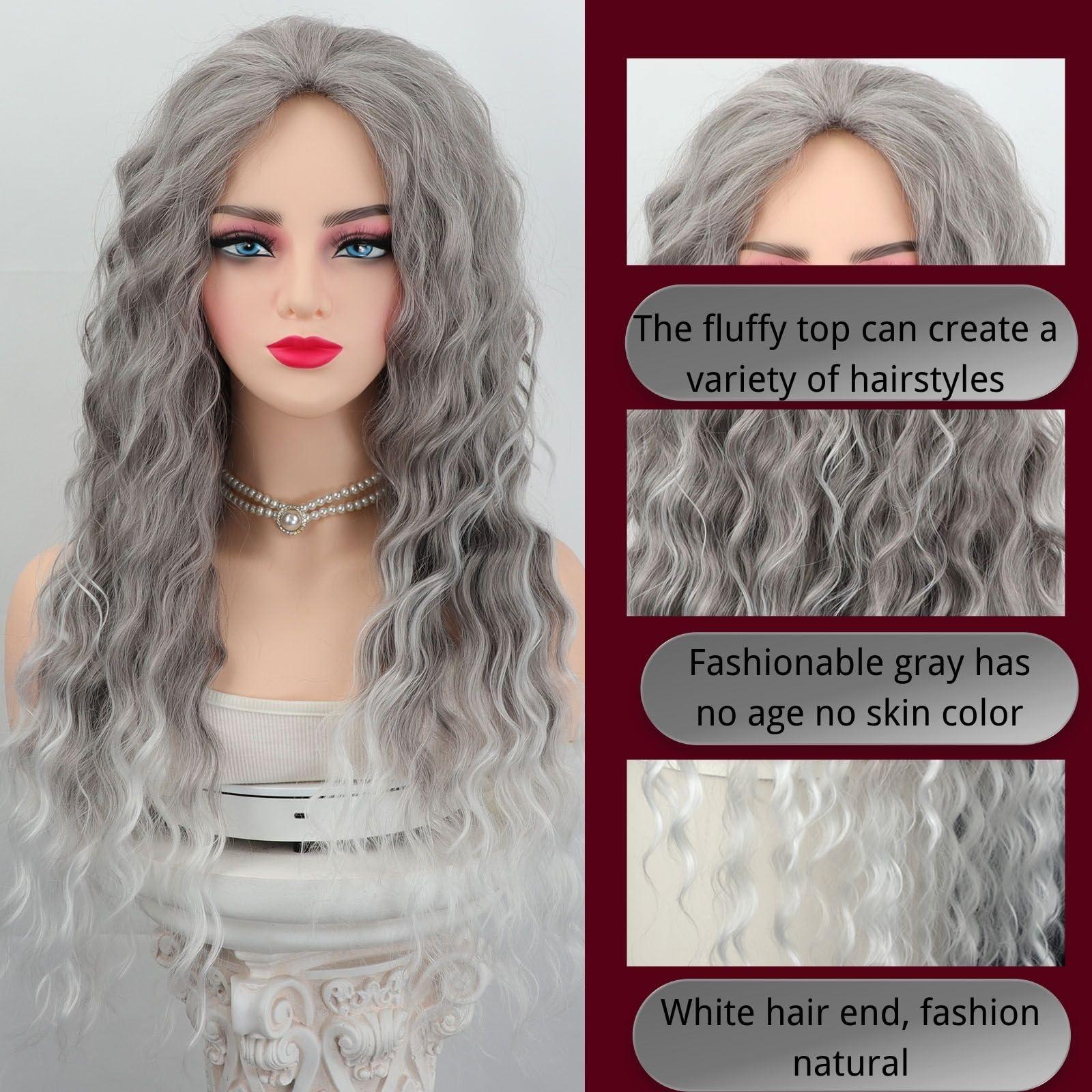 Fencca Fencca Grey Long Curly Wig Synthetic Mixed Gray Wave Curly Wigs for Women Free Part Full Curly Wig Layered Long Wavy Grey Wig