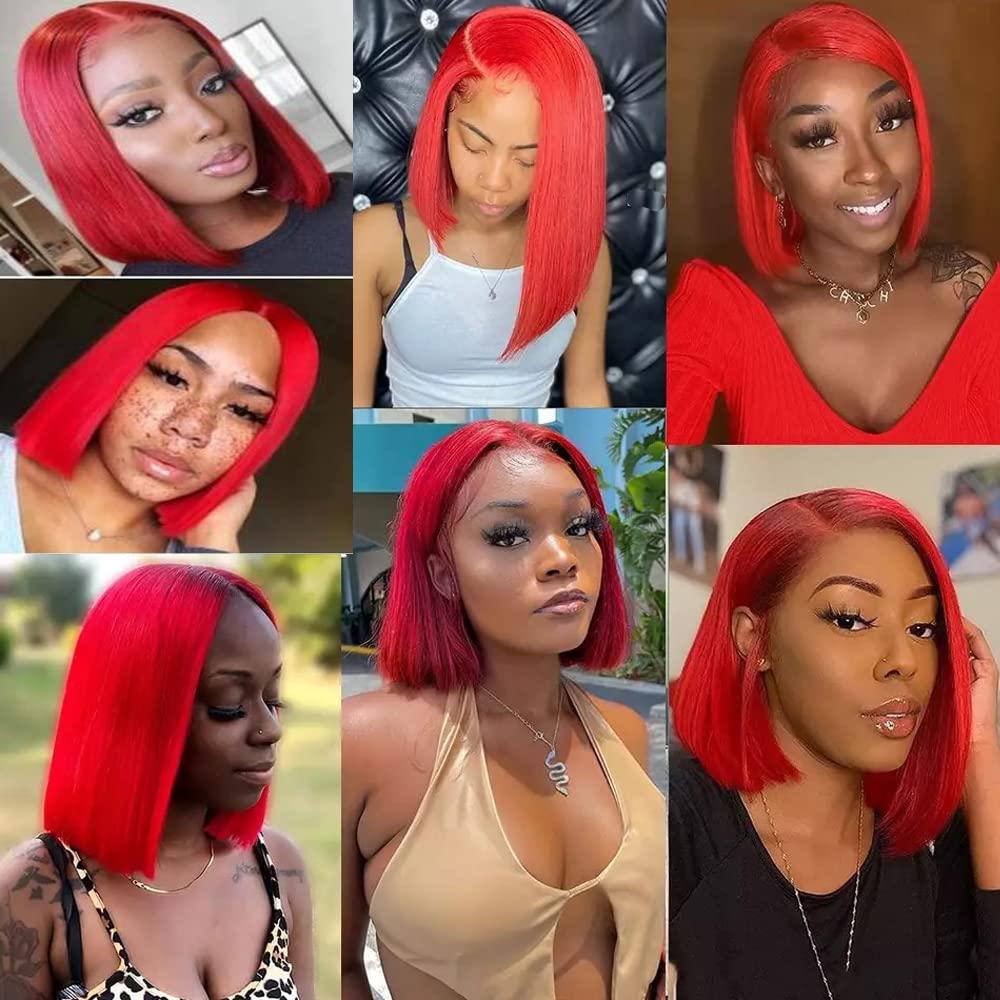 SUNFA Red Bob Lace Front Wigs Human Hair Pre-Plucked Short Cut Bob Wigs for Black Women Bleach Knots Middle Part with Baby Hair Glueness Natural Hairline 13X4X1 T Part Bob Lace Front Wigs 8Inch 180% Density