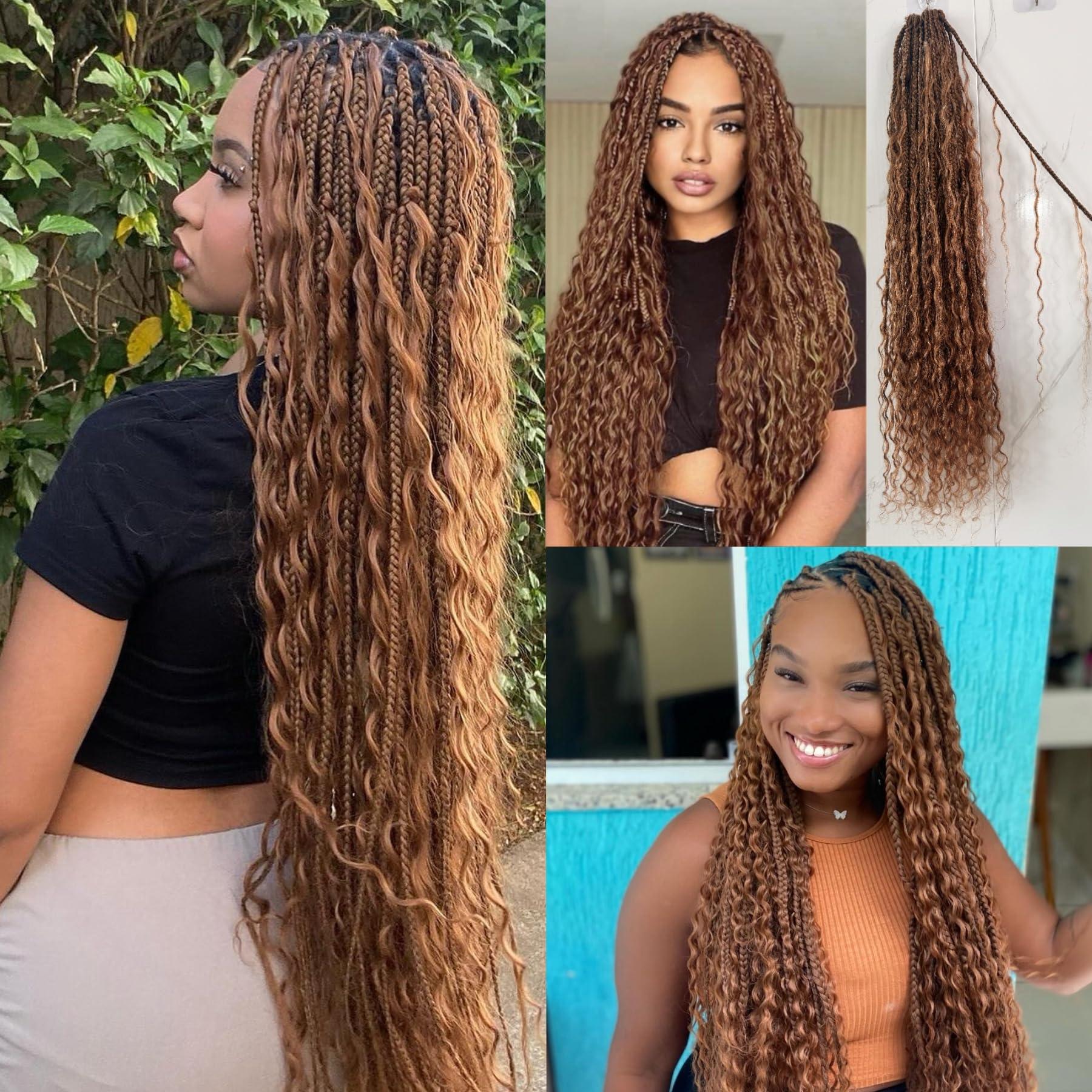 Francesca Hair Goddess Box Braiding Crochet Hair Pre-looped Synthetic Crochet Hair with Human Hair Curly Ends Hair Extensions #30 Auburn Color for Women 18 inch 2pack/80strands