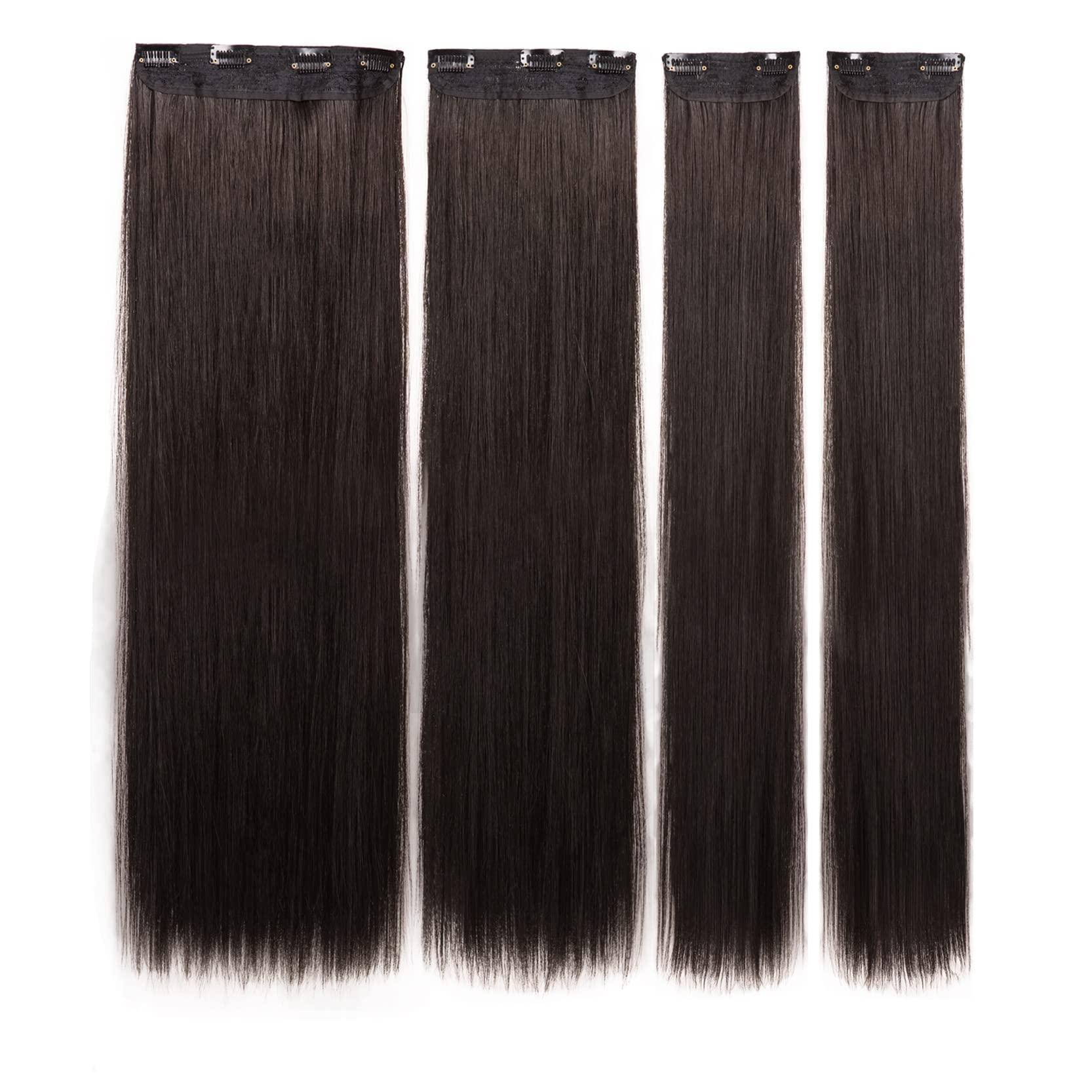 DOcute 26\" Straight Black Dark Brown Hair Extensions Clip Ins 4 PCS, Full Head Long Clip In Hair Extensions For Black Women Double Weft Thick Hair Extensions For Women Clip In Hair Pieces (26\", Black Brown)