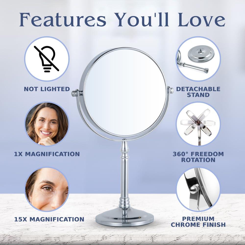 MIRRORVANA MIRRORVANA 15X Magnifying Makeup Mirror with Stand - Double-Sided 15X/1X Design - Suitable for Vanity Desk, Dressing Table, or Bathroom Countertop for Precise Make Up - 12\" High x 6\" Wide (Chrome)
