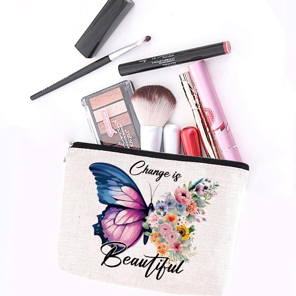 heshengzaixian heshengzaixian Butterfly Inspirational Quotes Makeup Bag for Gilrs Woman,Change is Beautiful Motivation Cosmetic Bag, Portable Waterproof Linen Toiletry Beauty Bag Travel Case Accessories Pouch