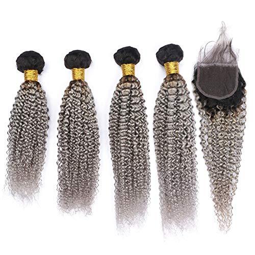 Tony beauty hair Tony Beauty Hair Ombre Silver Grey Hair Extensions with Closure Kinky Curly #1B Grey Ombre Human Hair 4 Bundles with Lace Closure 4x4 Grey Ombre Malaysian Curly Human Hair Weaves (24 24 24 24 with 22)