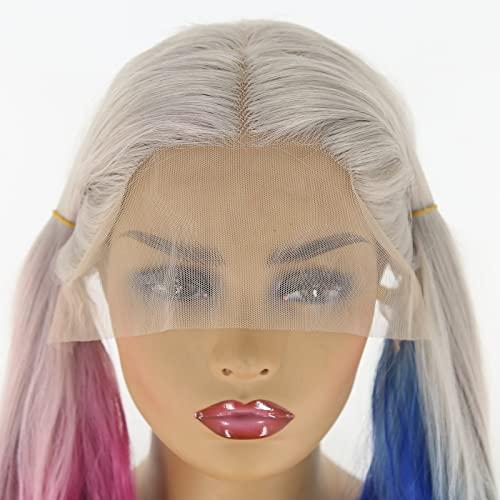 BTWTRY BTWTRY Harley Quinn Cosplay Synthetic Lace Front Wig for White Women Natural Glueless Heat Resistant Fiber Hair Long Wavy Wigs (24inch, Harley Quinn)
