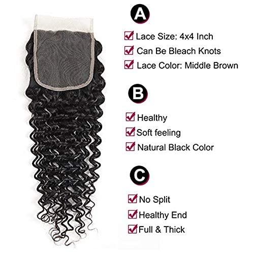 Aatifa Brazilian Deep Wave Curly Virgin Human Hair Bundles with 4X4 Free Part Lace Closure Unprocessed Human Hair Extensions Natural Black (18 20 22 24+16,lace closure)