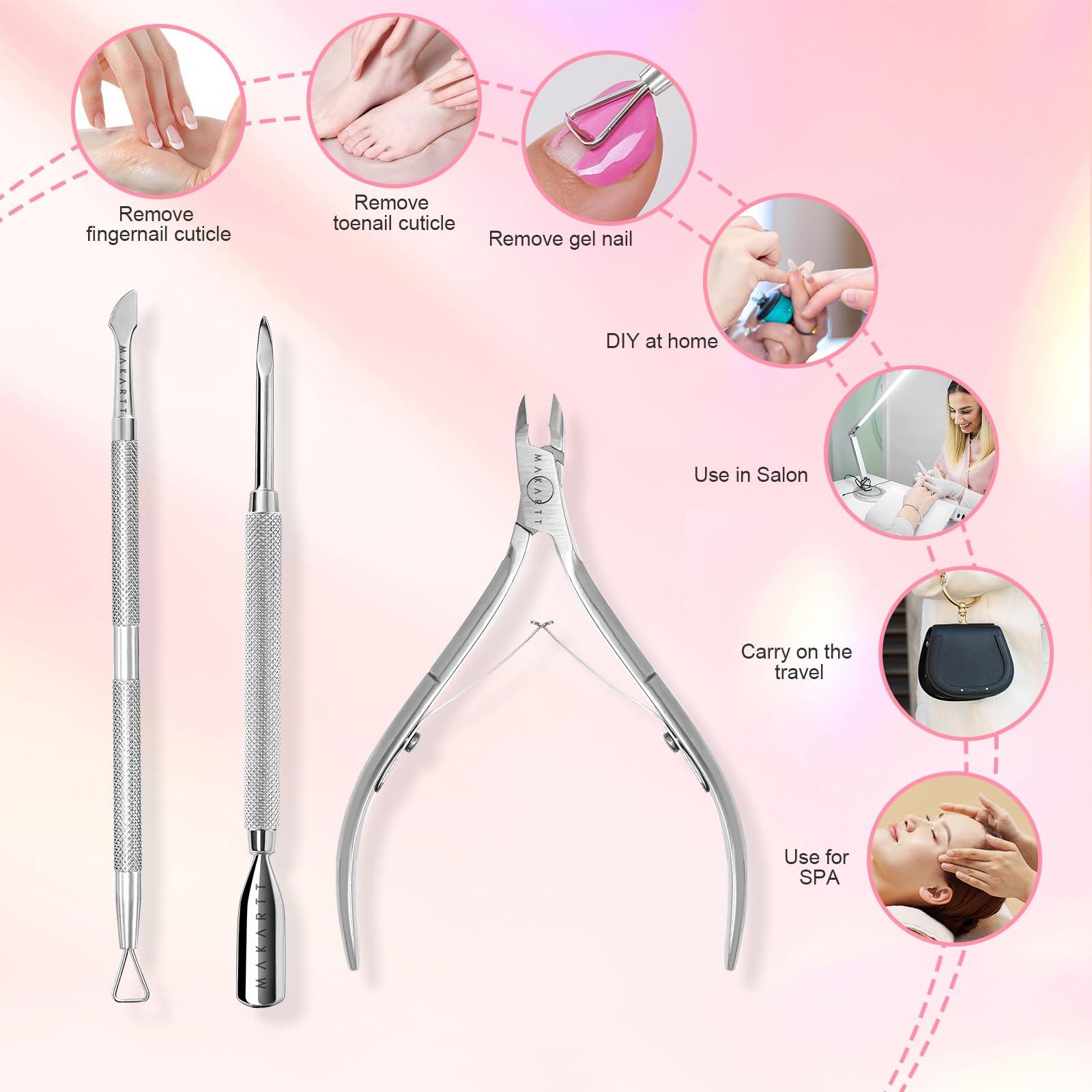 Makartt Makartt Cuticle Trimmer with Cuticle Pusher, Silver Nail Trimmer Nail Care Manicure and Pedicure Kit with Stainless Steel Cuticle Nipper and Dual End Nail Pushers for Home Salon Use (Pack of 3 PCS)