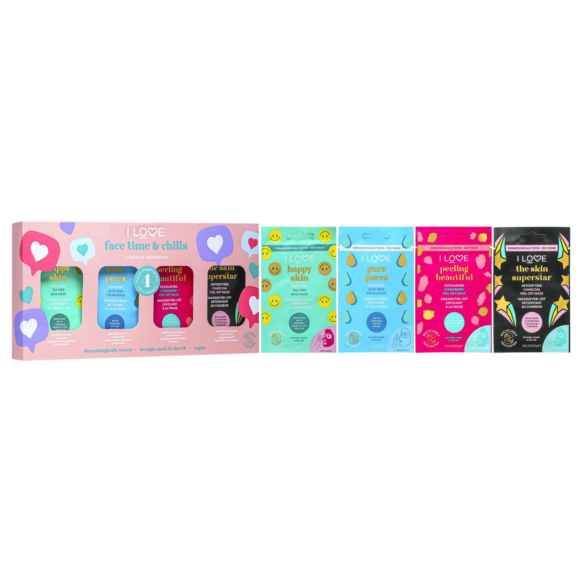 I Love I LOVE Face Time and Chills Face Masks - Facial Mask Self Care Kit - Peel of Mask, Mud Mask, and Cream Mask Selections - Soothing and Hydrating - 4 pc