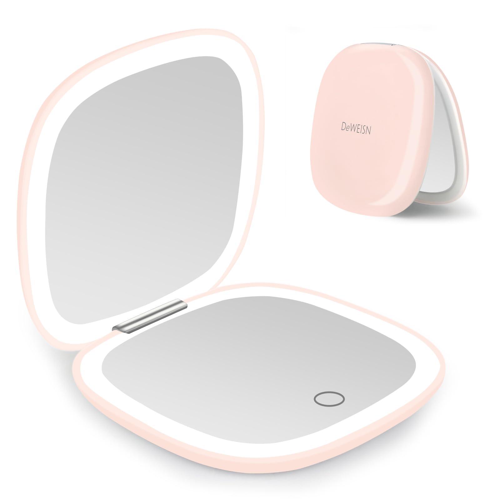 deweisn deweisn Compact Mirror, Lighted Travel Makeup Mirror with 1X/10X Magnifying Double Sided Dimmable Portable Pocket Mirror for Handbag and Pocket, USB Charging(Pink)