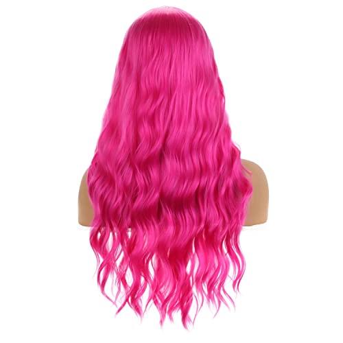 MAGQOO MAGQOO Hot Pink Wig Magenta Wig Long Curly Wavy Pink Wigs for Women Girls Middle Part Heat Resistant Hight Density Synthetic Wigs (Hot Pink)