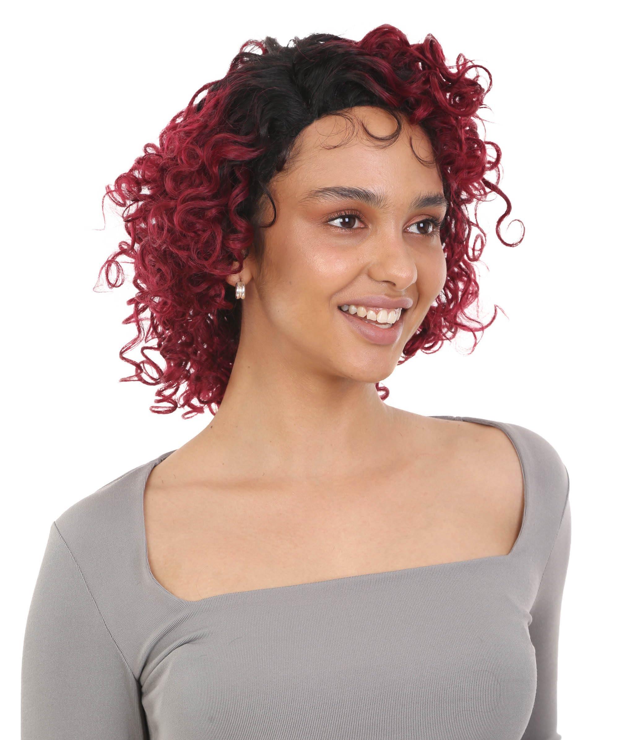 LUXLUXE LUXLUXE Lanelle Curly Jaw-Length Cut 11 in Long Side Part Wig, Heat Stylable Human Hair, BLH-0007 (Black to Red Blend)