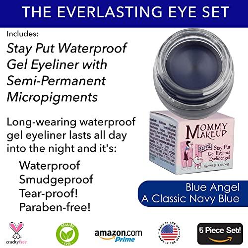 Mommy Makeup The Everlasting Eye 5 Piece Waterproof Makeup Set. Gel Eyeliner, Creme Eyeshadow, 2 brushes and Mesh Bag. Paraben-free, Talc-free, Cruelty-free. Elsa/Blue Angel 1112