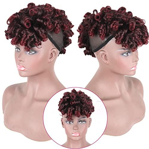 LEOSA LEOSA Red Mohawk Wig Deep Curl Mohawk Ponytail with Bangs for Black Women, Afro Faux Hawk Ponytail Clip in Hair Pieces for Women Clip on Faux Bangs (1B/BUG)