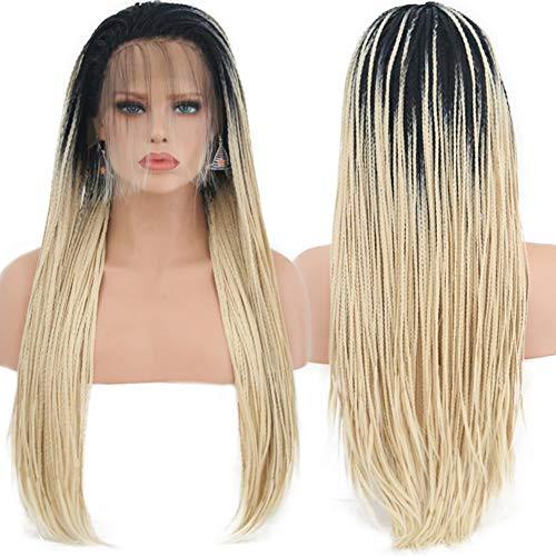 CHENG RUO Hair Cap+26'' Braided Lace Wigs Ombre Blonde Hair with BLack Roots for Women Synthetic Heat Resistant Long Braided Wigs Glueless Half Hand Tied Blonde Micro Braids Lace Front Wig