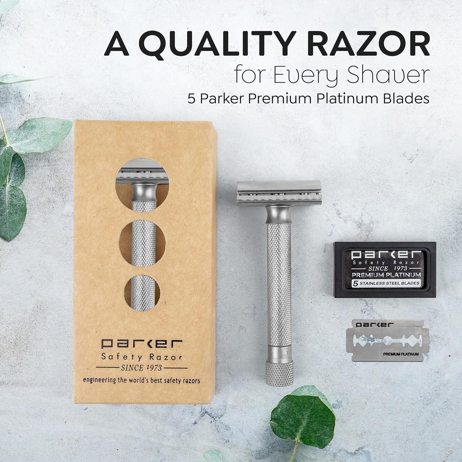 Parker Safety Razor The Parker Variant ADJUSTABLE Double Edge Safety Razor, Customize your Shave with a Turn of the Dial from Mild to Aggressive - 5 Blades Included (SATIN CHROME)