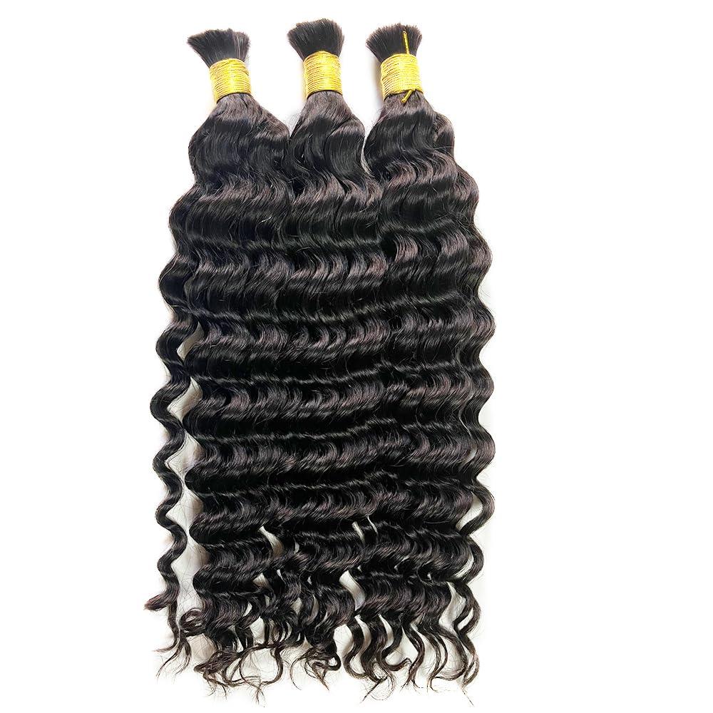 XISHIHONGYAN Boho Knotless Braids Human Hair Micro Braids Extension Hair Deep Curly Human Bulk Hair 24 Inch 1pack (3bundles(300g) Natural Black Color