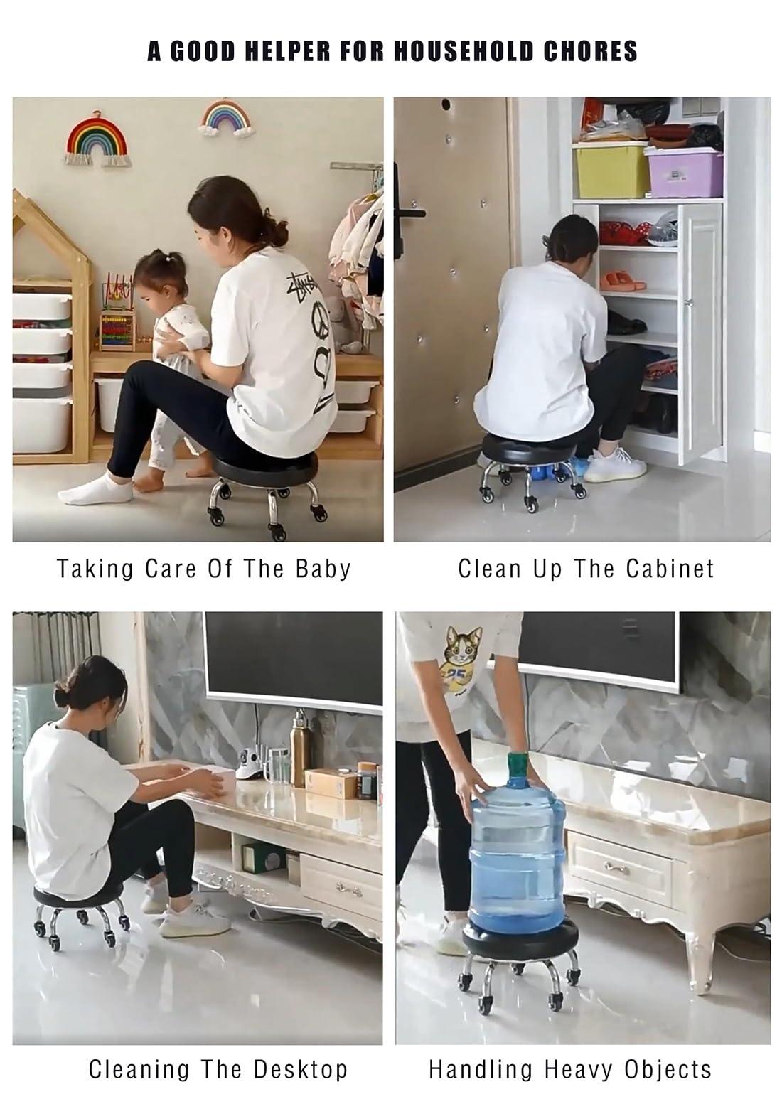 SoneiL Low Rolling Stool, Short Roller Seat Chair, Small Roller Stool with Wheels, 360 Rotating Pedicure Stool for Home,Leather Little Low Small Stools On Wheels (Color : D)