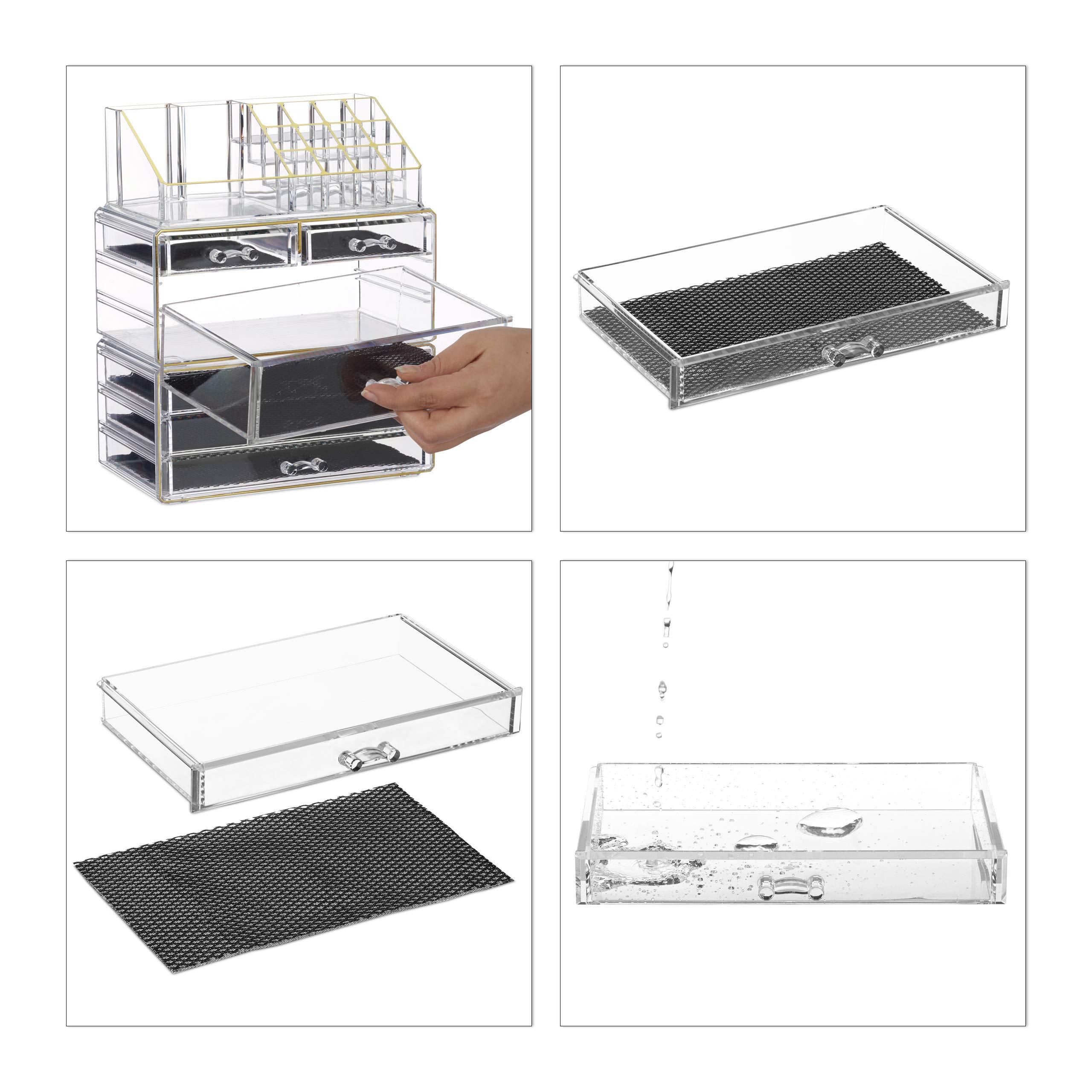 Relaxdays Relaxdays Organiser with 6 Drawers, 22 Compartments for Makeup Storage, Acrylic Cosmetic Tower, Transparent/Golden