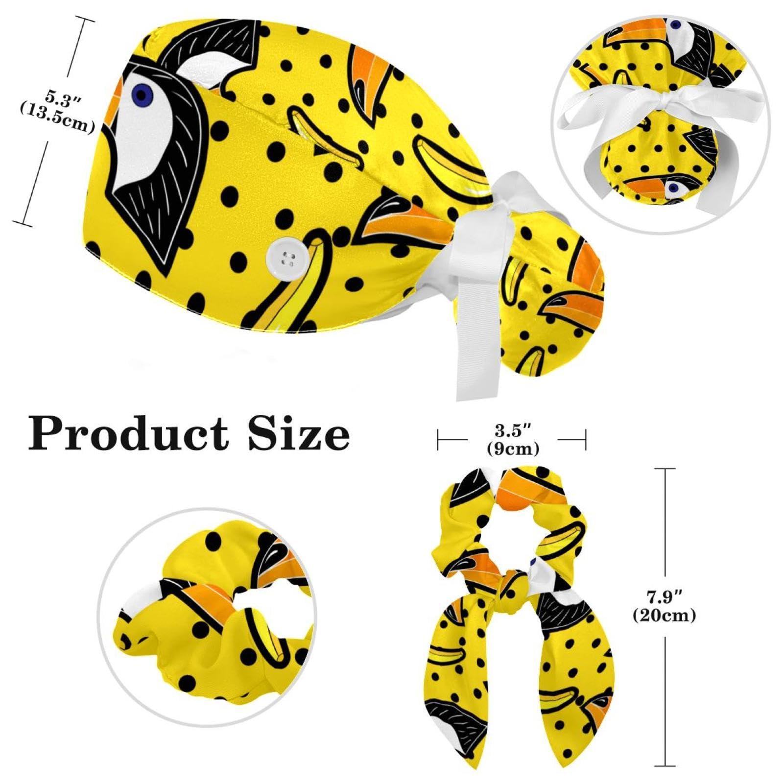 Vcedizo Toucan Birds Banana Dot Scrub Cap Women Ponytail Adjustable Tie Back Hat Surgical Hat with Bow Hair Scrunchy